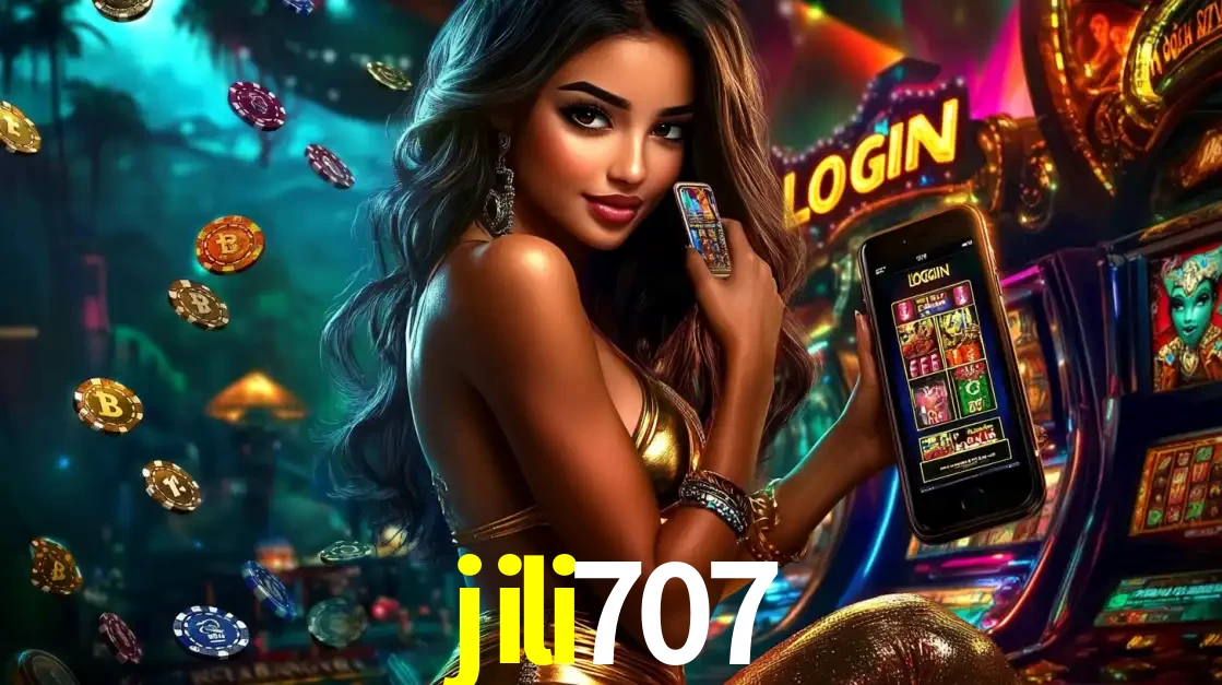 Mulher em um cenário de cassino temático de aventura, mostrando o app de caça-níqueis da jili707 no celular. Fichas de apostas flutuam ao redor.