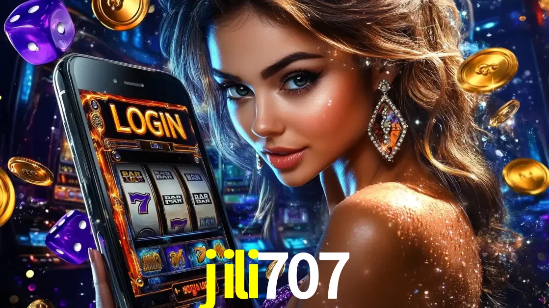 Mulher glamorosa segurando um smartphone com a tela de login para os jogos de caça-níqueis do cassino online jili707, com moedas de ouro e dados ao redor.