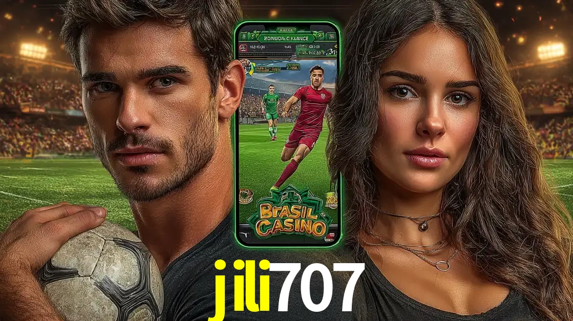 Homem segurando uma bola de futebol e uma mulher ao lado de um smartphone exibindo o jogo de apostas esportivas da jili707. Faça seu palpite no cassino online.
